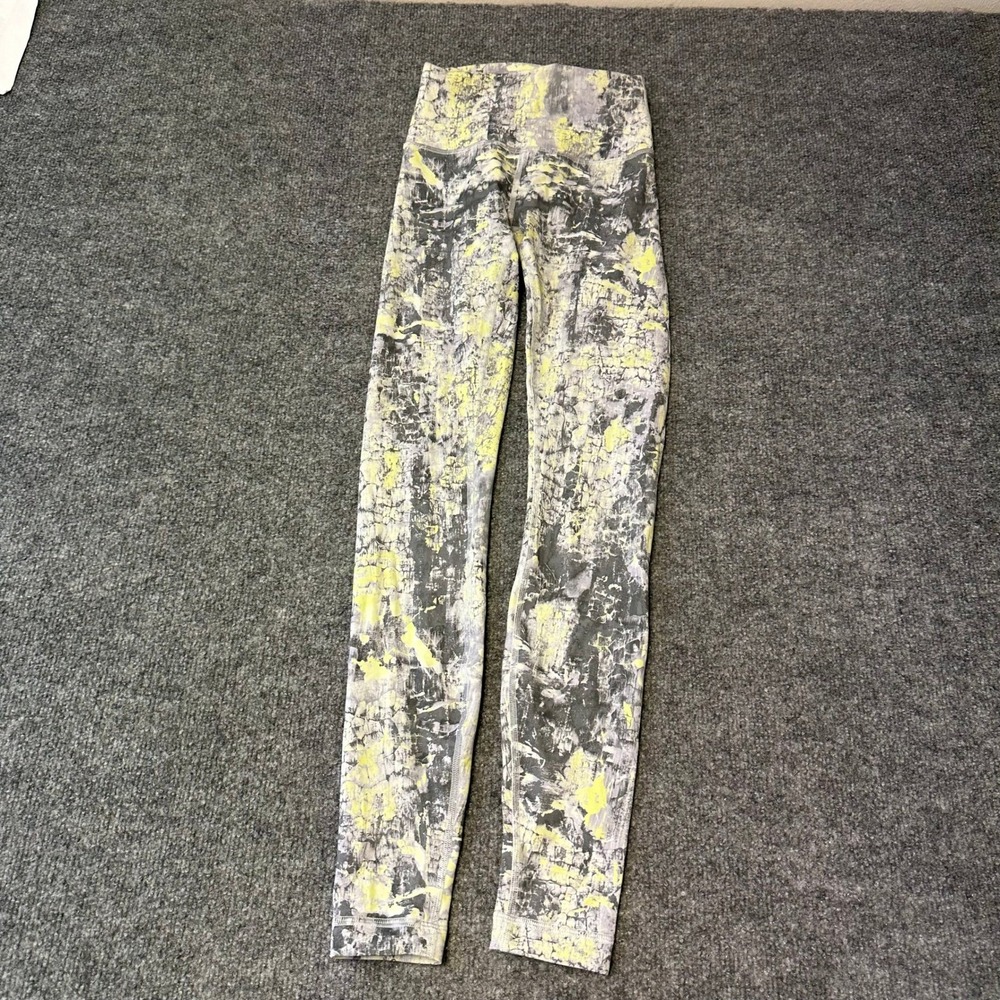 Lululemon Leggings Womens Size 2 Grey Yellow Abstract Crackle High Rise Athletic